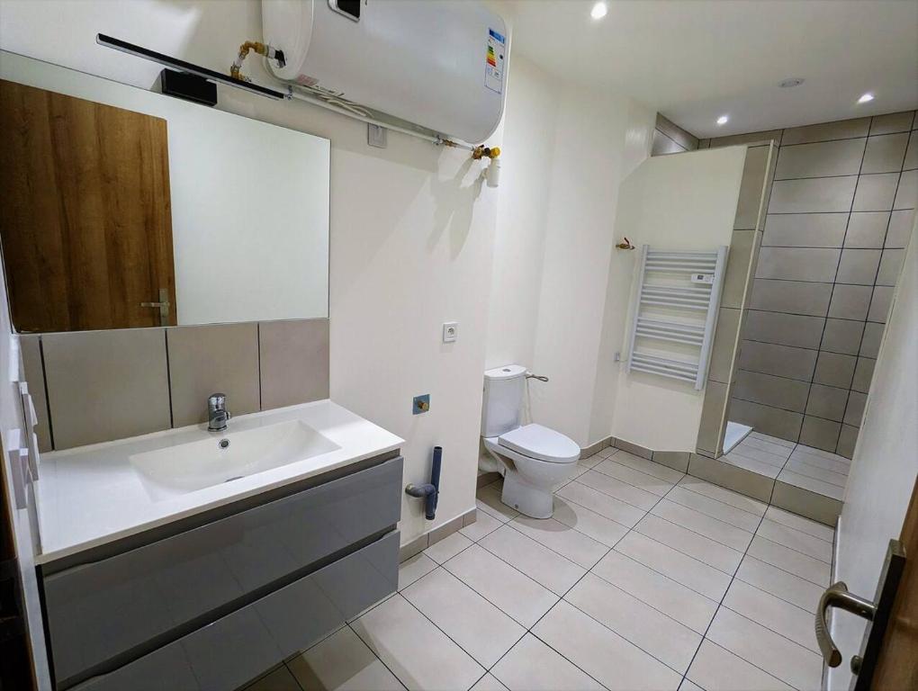 La salle de bains est pourvue d'un lavabo et de toilettes. dans l'établissement Appartement tout équipé proche du centre avec terrasse, à Saint-Claude