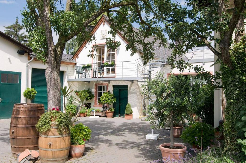 ein Haus mit Topfpflanzen davor in der Unterkunft Weingut Endesfelder in Mehring