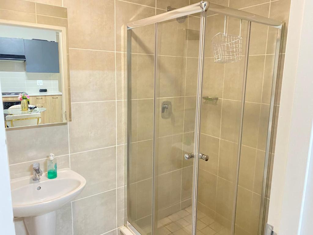 um chuveiro com uma porta de vidro ao lado de um lavatório em Offline em Boksburg