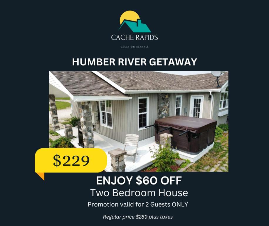 un flyer pour une maison de 2 chambres au bord d'une rivière hamler dans l'établissement Cache Rapids Vacation Rental, à Reidville