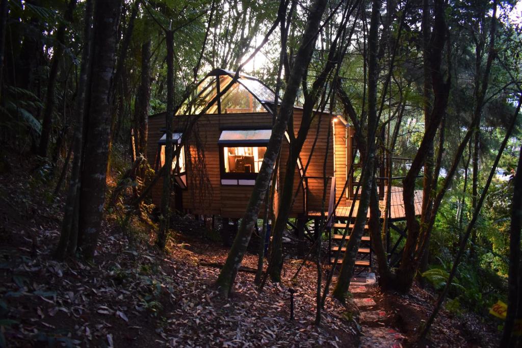 una cabaña de madera en el bosque con árboles en Chalet Tanat, en Medellín