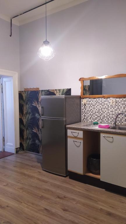 uma cozinha com um frigorífico e uma bancada em Hostel Staromiejski em Grudziądz