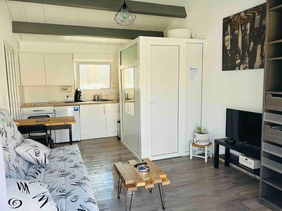 a living room with a couch and a table at Studio carnon climatisé à 5min à pied de la plage in Mauguio