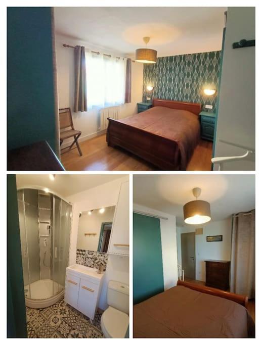 three pictures of a bedroom with a bed and a bathroom at Chez Pierrette et Eugène Prix nuitée&#47;10 personne in Le Lautaret