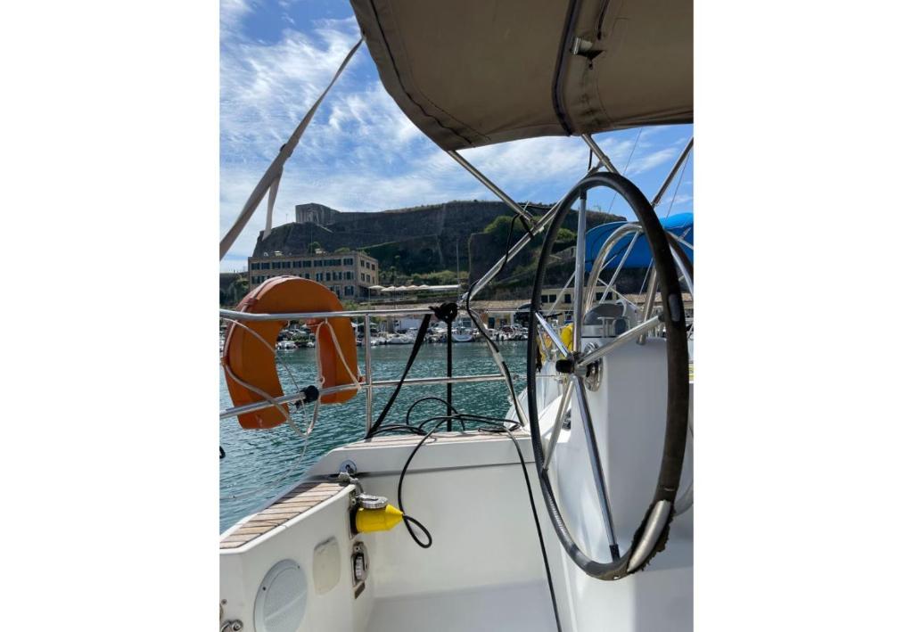 a view from the bow of a boat at S Odyssey 21032i in Corfu Town