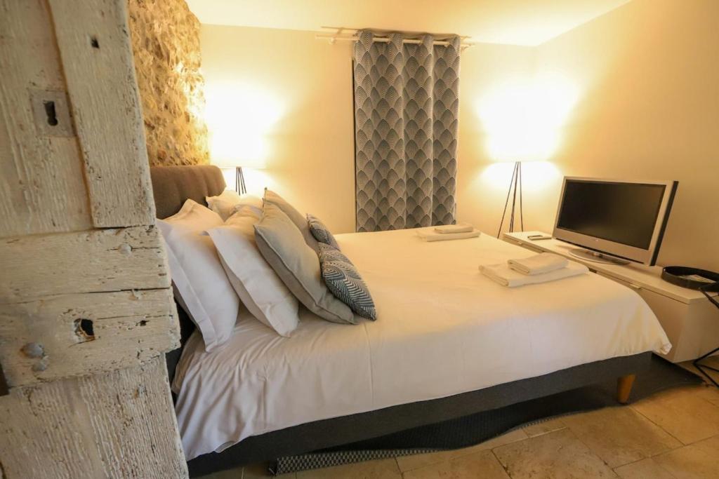 um quarto com uma cama, uma secretária e uma televisão em Pierres plates em Annecy