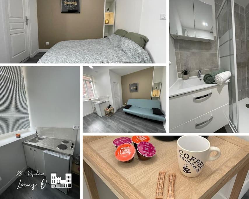 un collage de photos d'une chambre et d'un lit dans l'établissement Studio pour 2 Personnes --1, à Béthune