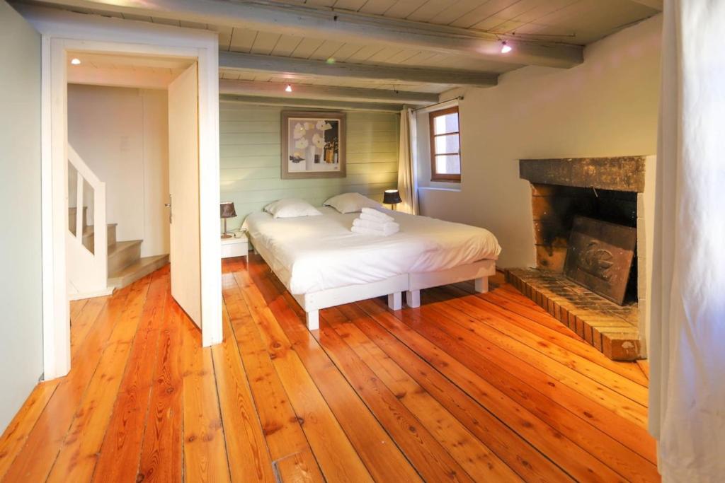 een slaapkamer met een bed en een open haard bij La maison verte in Annecy