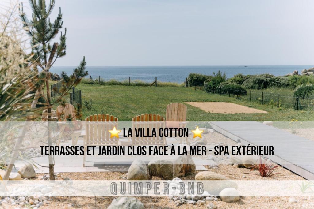 un panneau indiquant un jardin avec l'océan en arrière-plan dans l'établissement LA VILLA COTTON - Superbe Villa avec Spa Face à la mer, à Plobannalec-Lesconil