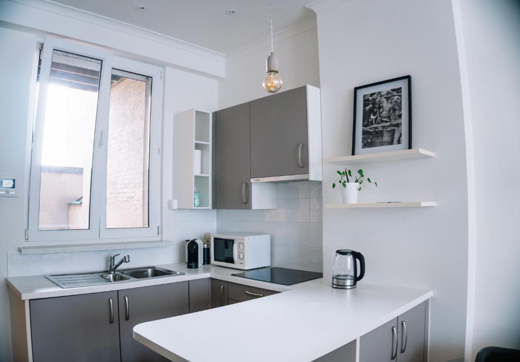 a white kitchen with a counter and a sink at Appartement vlakbij Antwerpen centrum! in Antwerp