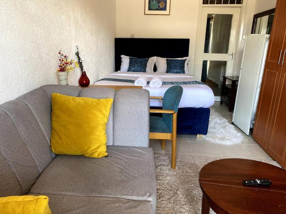 een slaapkamer met een bed en een bank en een bed bij Pacho studio Apartment in Kisumu