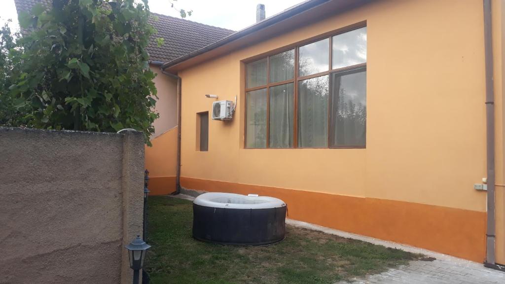 una casa con un cubo de basura delante de ella en Casa Ovi și Simo, en Haţeg