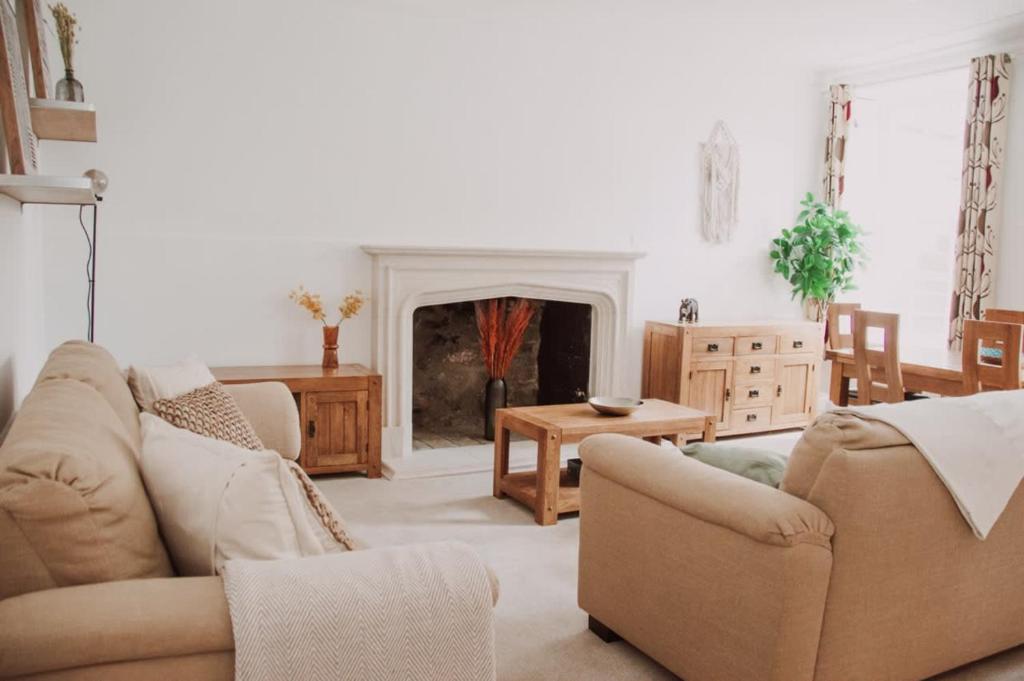 uma sala de estar com dois sofás e uma lareira em Garden flat in period property Centrally located em Bath