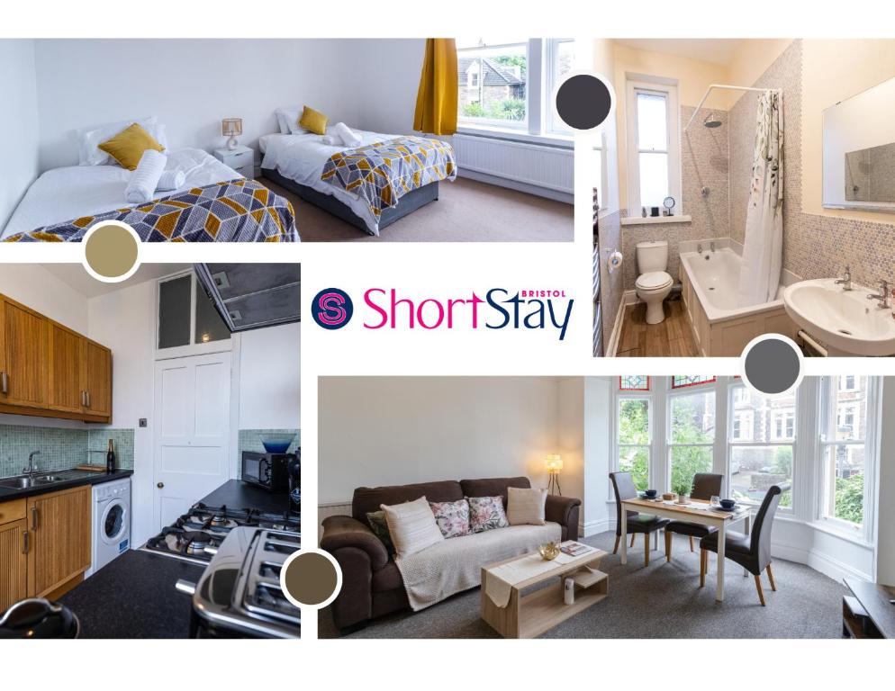 a collage of photos of a bedroom and a bathroom at April Disc - Long Stay - Contractors in Bristol