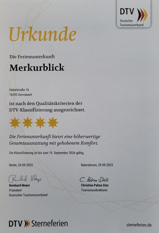 Certifikát, hodnocení, plakát nebo jiný dokument vystavený v ubytování Ferienwohnung Merkurblick