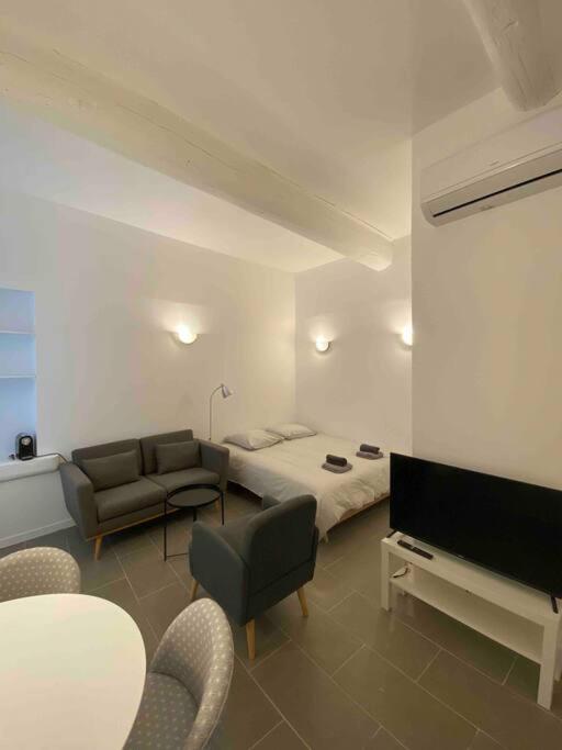 un salon avec un lit et un canapé dans l'établissement Studio climatisé sur courette, à Nîmes