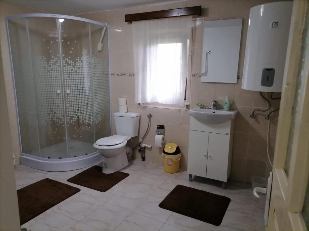 een badkamer met een douche, een toilet en een wastafel bij Casa Michel 