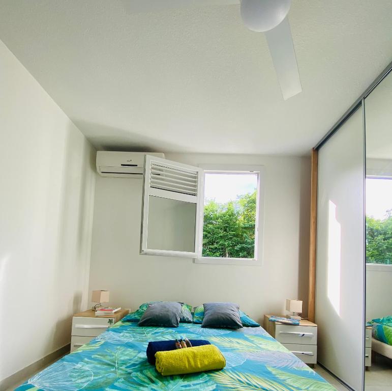 een slaapkamer met een bed en een raam bij L’Appart Watalibi in Sainte-Luce