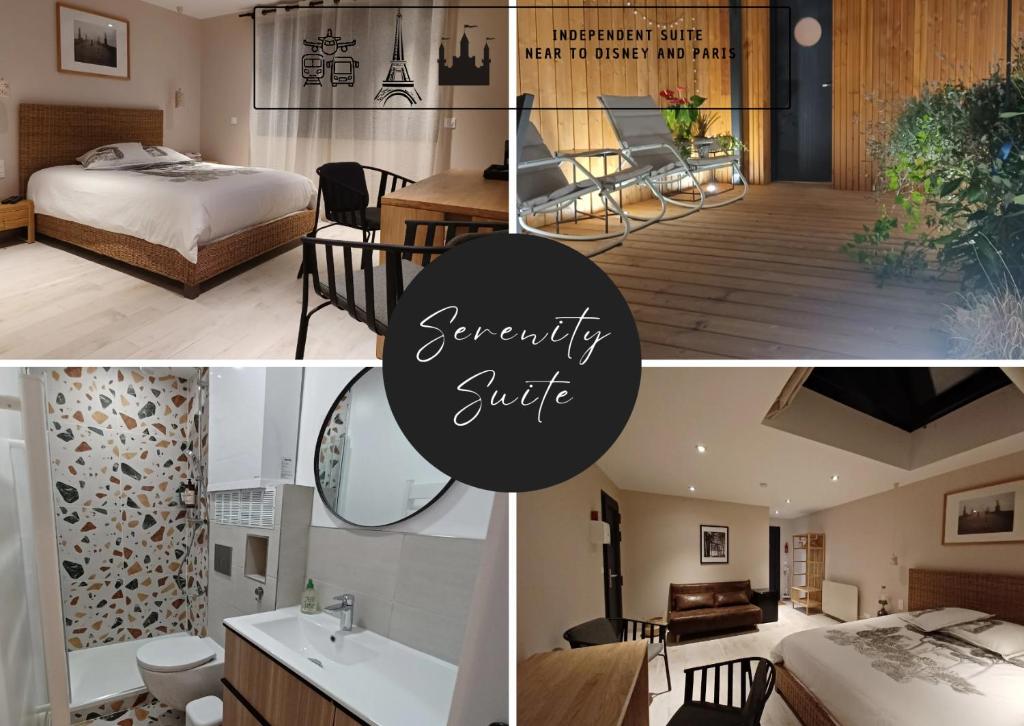 eine Collage mit Fotos von einem Schlafzimmer und einem Zimmer in der Unterkunft Serenity Indepedent Suite near to Disneyland & Paris in Bussy-Saint-Georges