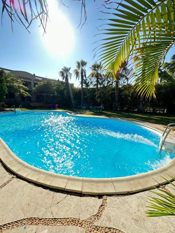 uma grande piscina azul com palmeiras ao fundo em فيلا برايفت مارينا 7 الساحل الشمالي em El Alamein