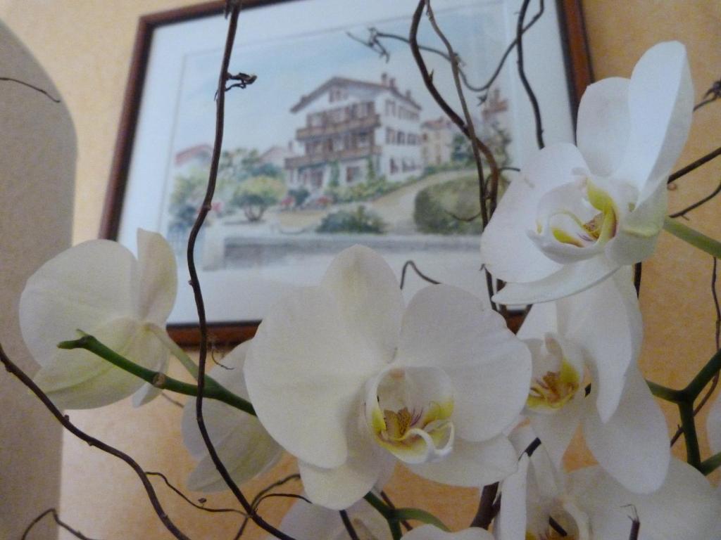 a vase filled with white flowers in front of a painting at Hotel Bel Air in Saint-Jean-de-Luz