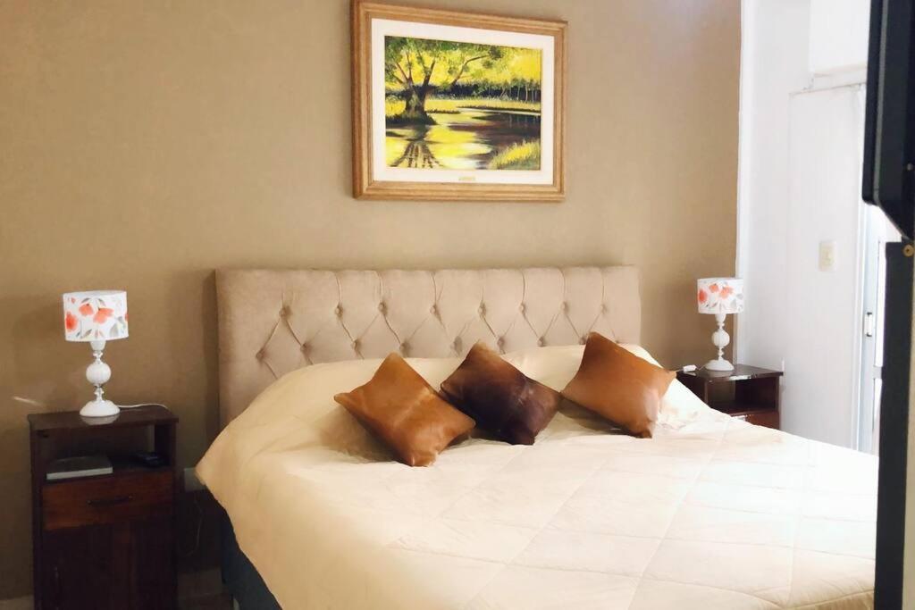 una camera con un letto bianco con tre cuscini di Hermoso depto, a pasos de todo. a Corrientes