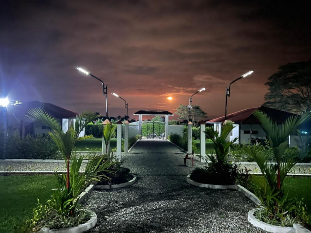 Una pasarela en un parque por la noche con luces de la calle en Casas campestres Romegar, en Guamal