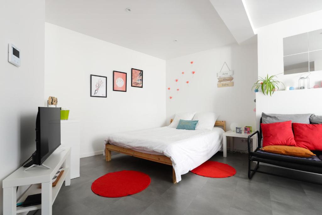 1 dormitorio con 1 cama, TV y alfombra roja en Charmant studio, au cœur de la ville de Riom en Riom
