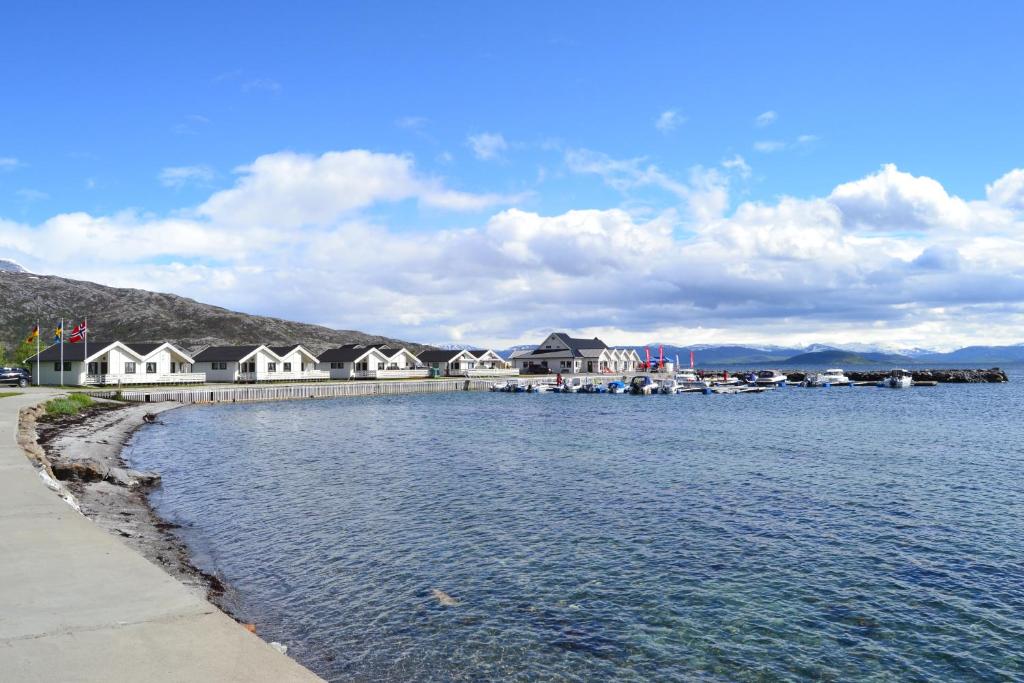 Une grande masse d'eau avec des maisons en arrière-plan dans l'établissement Arctic Seasport, à Løding