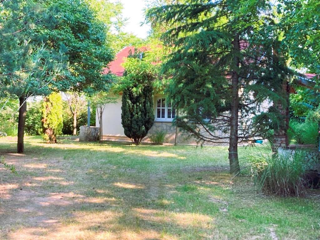 un patio con árboles frente a una casa en Idyllisches Ferienhaus en Siófok