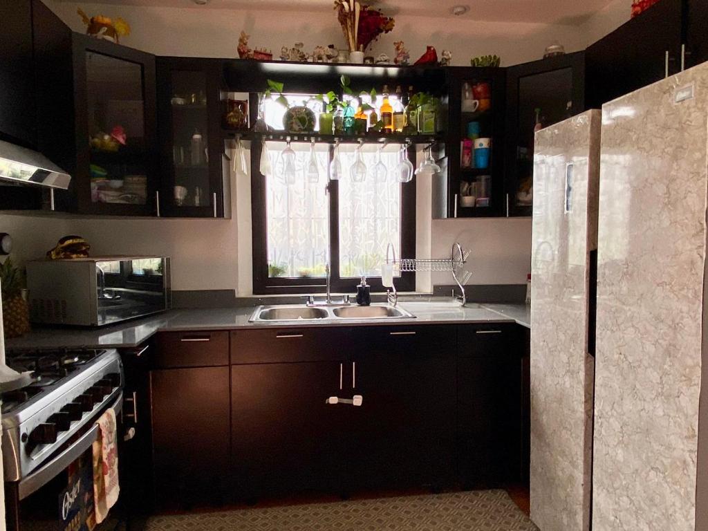a kitchen with black cabinets and a sink and a window at Casa las flores in San Pedro Las Huertas
