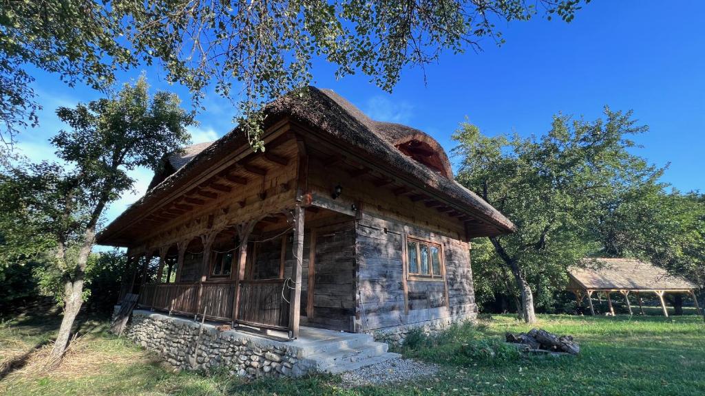 an old log cabin sitting in the grass at Complexul Turistic Căsuțele din grădină: Căsuța cu Stuf in Marga