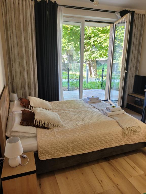 a bedroom with a large bed with a large window at Apartament przy Starówce in Elblag