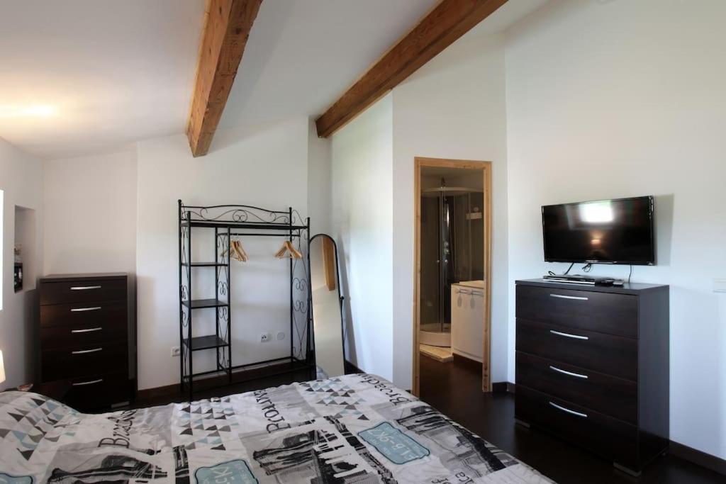 een slaapkamer met een bed en een flatscreen-tv bij Belle maison de village sur theziers in Théziers