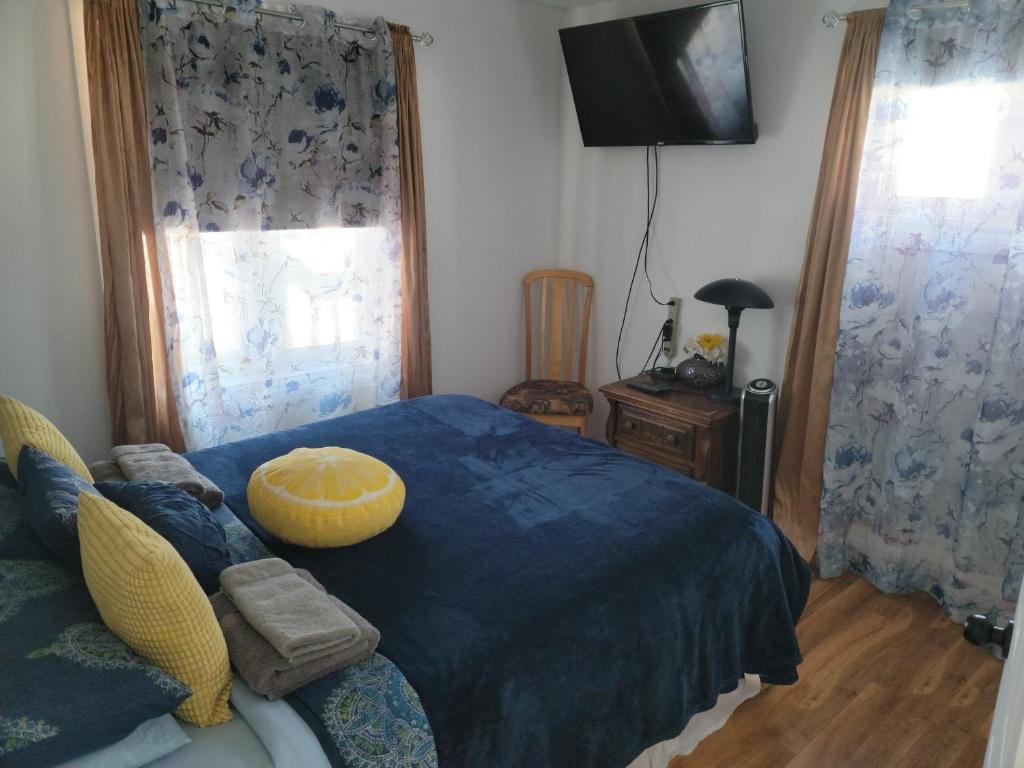a bedroom with a bed with a blue blanket and a television at Cozy quiet place next to hwy smart tv+wifi+netflix in Edmundston