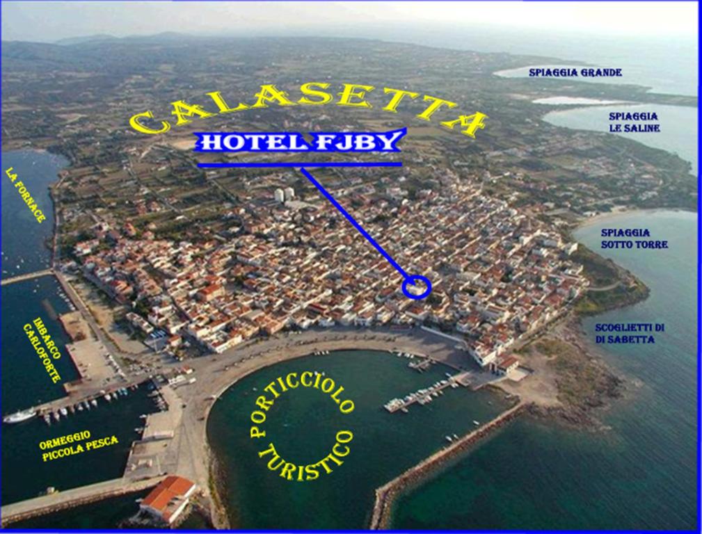 a map of a city with a blue circle at Hotel Fjby in Calasetta