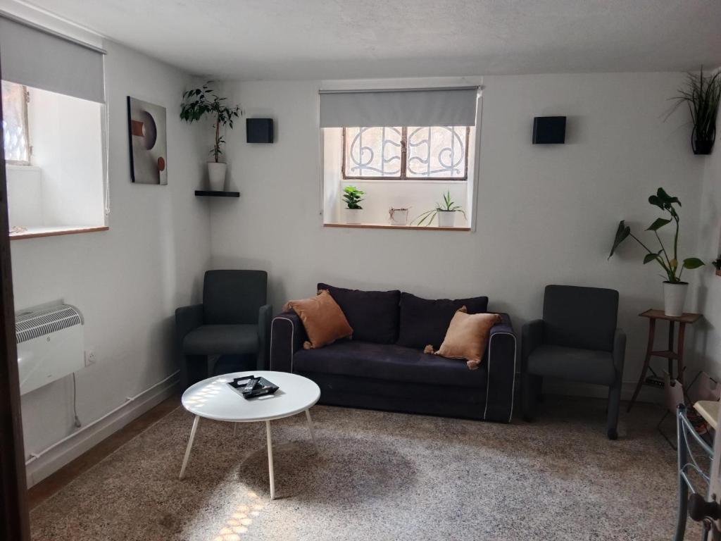 a living room with a couch and two chairs and a table at Pounette, appartement sauna T3, Thermes/Centre in Luxeuil-les-Bains