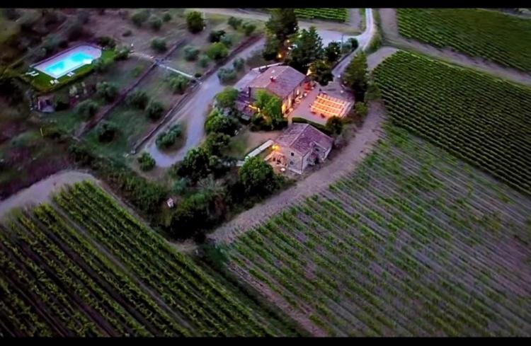 eine Luftansicht eines großen Hauses auf einem Feld in der Unterkunft LOCANDA PODERE LE VIGNE in Radda in Chianti