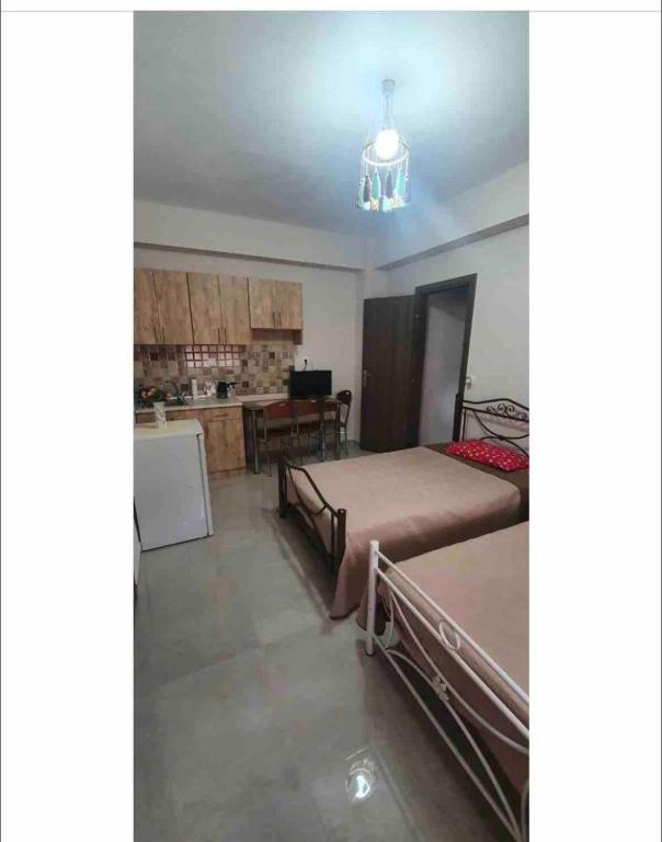 a living room with two beds and a kitchen at Margaret home in Kalývia