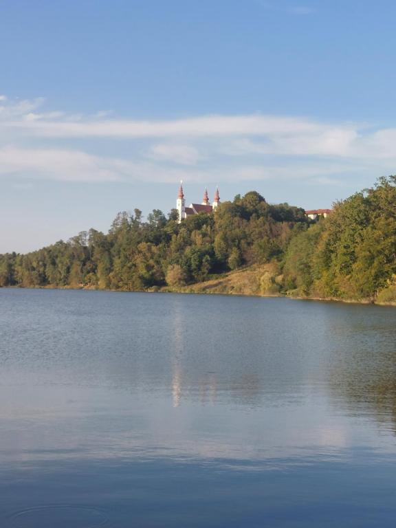 a view of a lake with a castle in the distance at Prenočišče ČERNOŠA Apartma Studio 