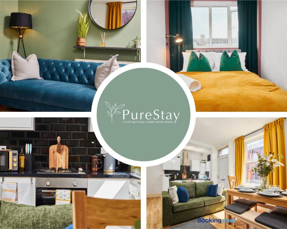 a collage of photos of a bedroom and a living room at Fantastic Four Bedroom House By PureStay Short Lets & Serviced Accommodation Leeds With Parking in Headingley