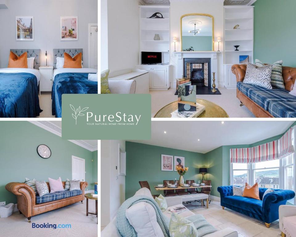 un collage di quattro immagini di un soggiorno di Huge Four Bedroom Townhouse By PureStay Short Lets & Serviced Accommodation Bath a Bath