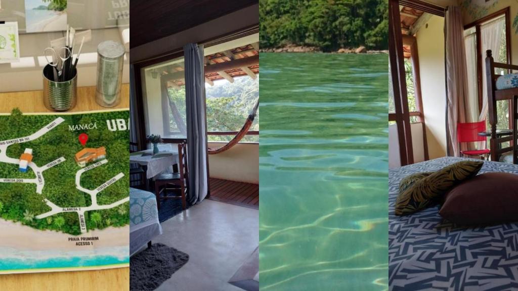 a collage of two pictures of a train with a room at Manacá Suítes Prumirim in Ubatuba