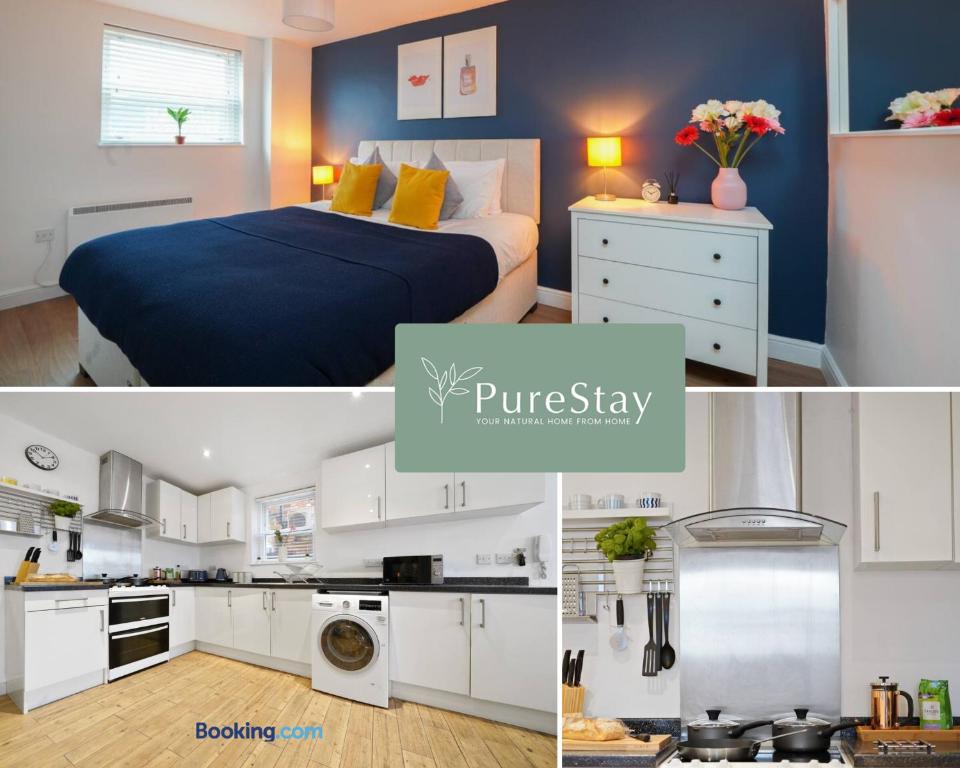 a collage of photos of a bedroom and a kitchen at Stunning Two Bed Apartment By PureStay Short Lets & Serviced Accommodation Leamington With Free WiFi in Leamington Spa