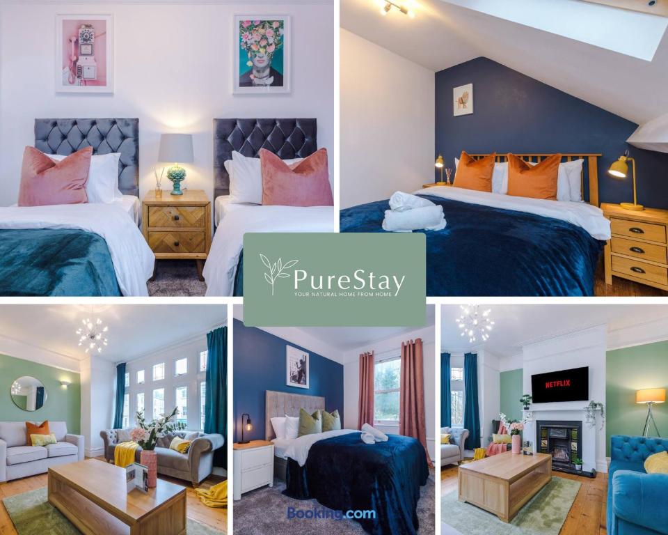 uma colagem de fotografias de um quarto de hotel em Incredible Five Bedroom House By PureStay Short Lets & Serviced Accommodation Central Bath With Parking em Bath
