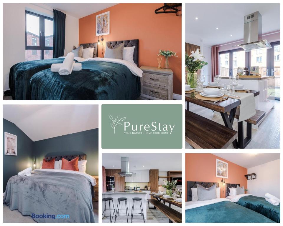 a collage of pictures of a bedroom and a dining room at Stunning Five Bedroom House By PureStay Short Lets & Serviced Accommodation Manchester With Free Parking in Manchester