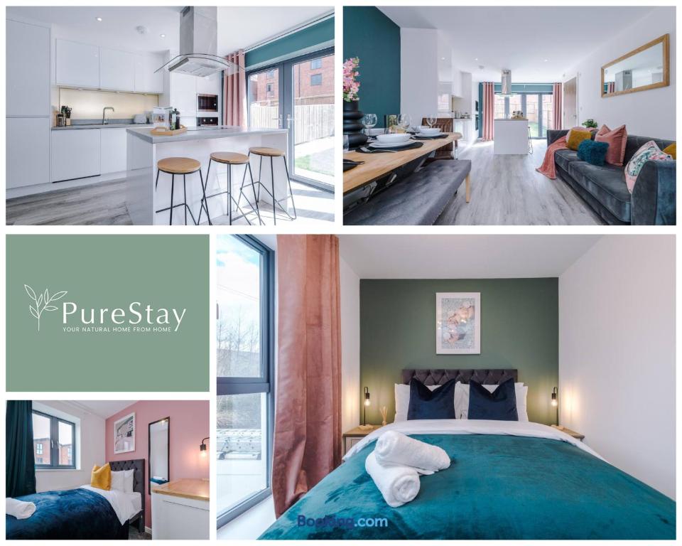 a collage of photos of a bedroom and a living room at Stylish Five Bedroom House By PureStay Short Lets & Serviced Accommodation Failsworth With Free Parking in Manchester