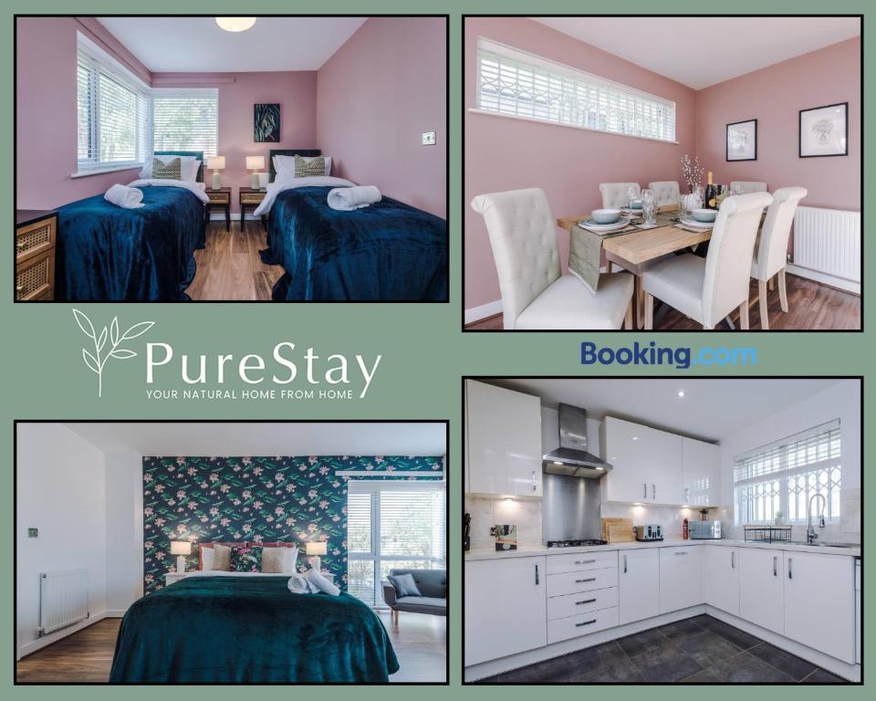 a collage of pictures of a kitchen and a dining room at Amazing Four Bed House At PureStay Short Lets & Serviced Accommodation Manchester Near Etihad With Parking in Manchester