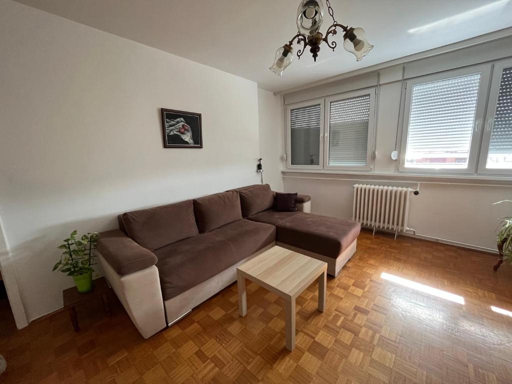 Confluence Apartment في بلغراد: غرفة معيشة مع أريكة وطاولة