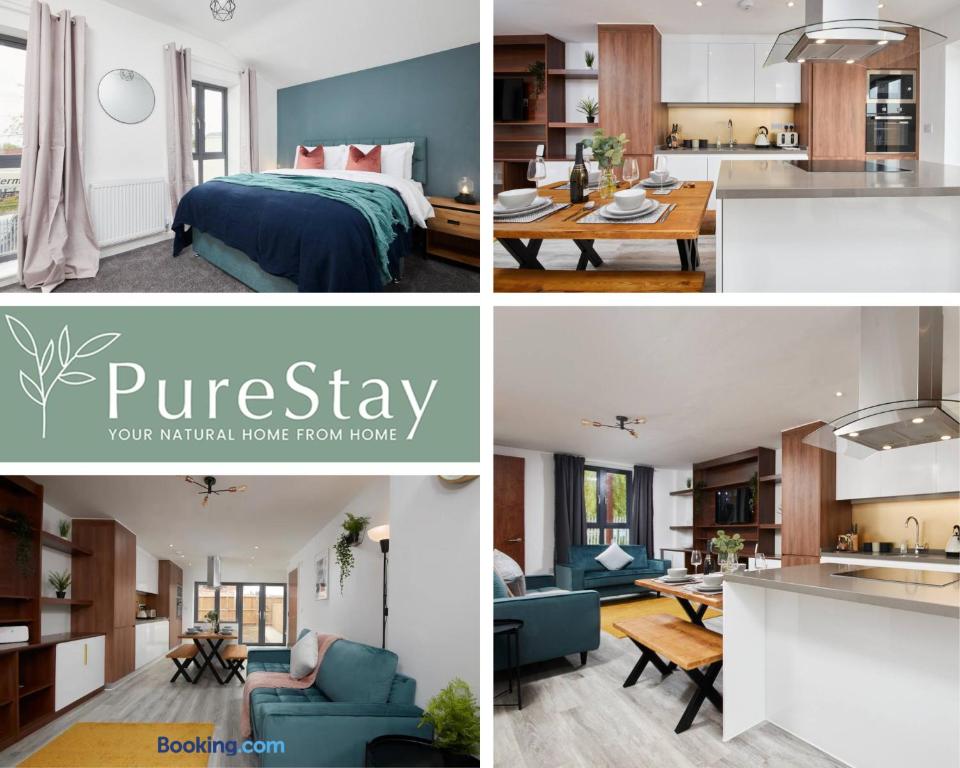 a collage of photos of a bedroom and a living room at Stunning 5 Bed House By PureStay Short Lets & Serviced Accommodation Manchester With Parking in Manchester